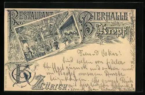 Lithographie Zürich, Restaurant-Bierhalle zum Kropf, Innenansicht