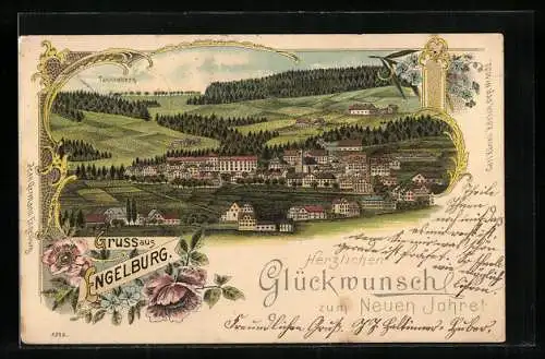 Lithographie Engelburg, Ortsansicht mit Tannenberg