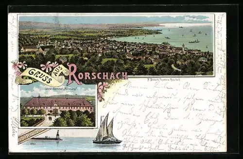 Lithographie Rorschach, Lehrer-Seminar Mariaberg, Panoramablick auf Stadt und See