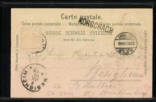 Lithographie Rorschach, Lehrer-Seminar Mariaberg, Panoramablick auf Stadt und See