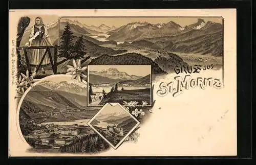 Lithographie St. Moritz, Panorama mit Ort und Gebirge, Schweizerin in Tracht