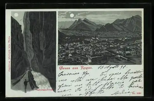Mondschein-Lithographie Ragaz, Ortsansicht aus der Vogelschau, Wanderer in der Taminaschlucht