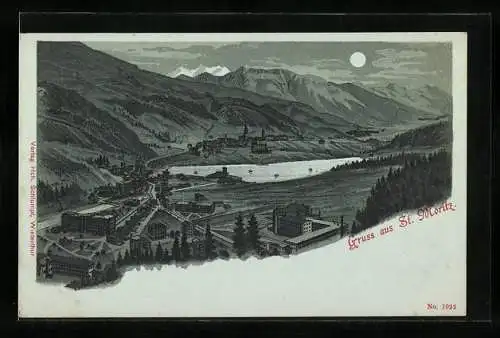 Mondschein-Lithographie St. Moritz, Panorama mit Ort, See und Gebirge