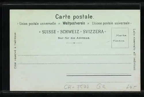 Mondschein-Lithographie St. Moritz, Panorama mit Ort, See und Gebirge