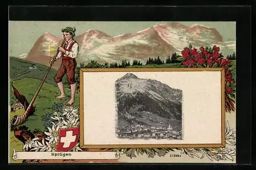 AK Splügen, Blick auf das Dorf, Alphornbläser