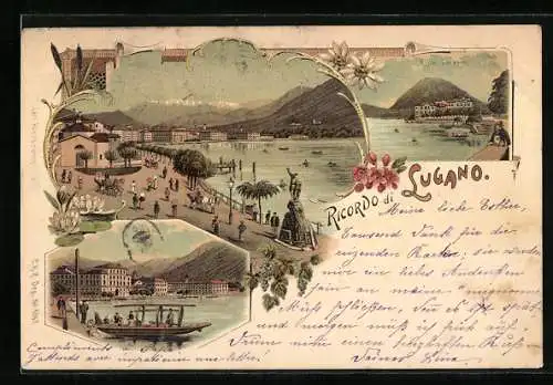 Lithographie Lugano, Quai, Villa Geresio, an der Promenade
