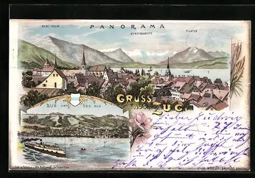 Lithographie Zug, Ort vom See aus mit Dampfer, Panorama mit Jungfraukette, Rigi und Pilatus