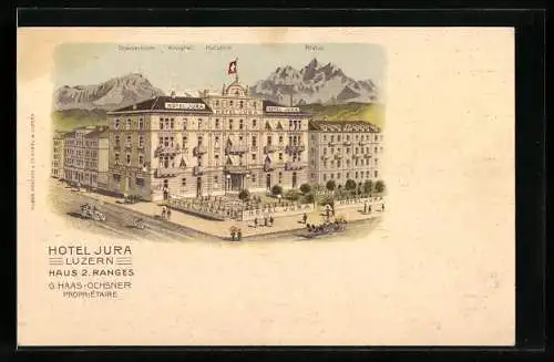 Lithographie Luzern, Hotel Jura gegen Stanserhorn und Pilatus