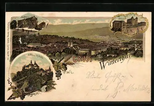 Lithographie Winterthur, Teilansicht, Schloss Kyburg, Bahnhof