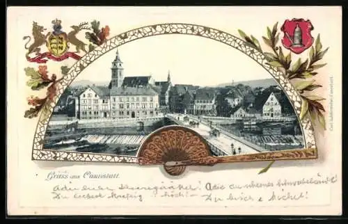 Passepartout-Lithographie Cannstatt, Ortsansicht mit Brücke auf einem Fächer, Stadtwappen