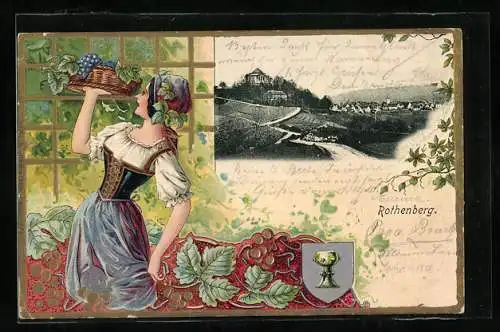 Passepartout-Lithographie Rothenberg / Stuttgart, Blick in den Ort, Wappen, junge Frau mit Weintrauben