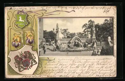 Passepartout-Lithographie Hannover, Cascaden der Flusswasserkunst, Stadtwappen