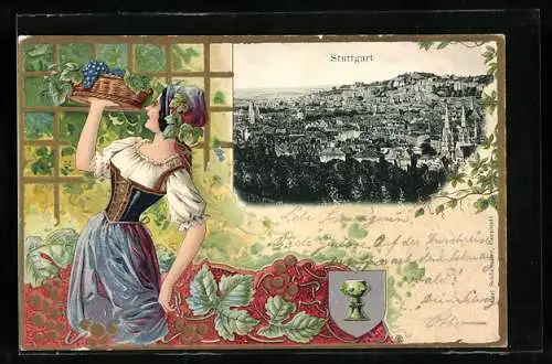 Passepartout-Lithographie Stuttgart, Ortsansicht aus der Vogelschau, Wappen, Winzerin mit Traubenkorb