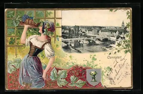 Passepartout-Lithographie Cannstatt, Ortsansicht mit Brücke, Wappen, Frau mit Traubenkorb