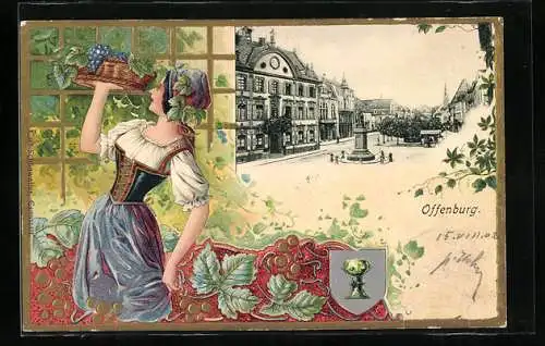 Passepartout-Lithographie Offenburg, Stadtplatz mit Denkmal, Wappen, Winzerin im Kleid