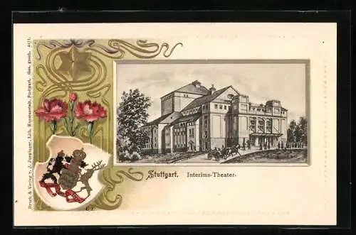 Passepartout-Lithographie Stuttgart, Interims-Theater, Wappen und rote Nelken