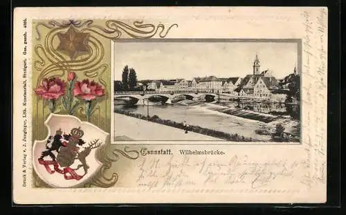 Passepartout-Lithographie Cannstatt, Ansicht der Wilhelmsbrücke, Stadtwappen