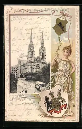 Passepartout-Lithographie Stuttgart, Strassenbahn bei der Marienkirche, Wappen