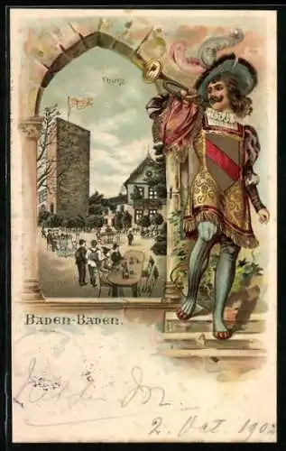 Passepartout-Lithographie Baden-Baden, Ansicht der Yburg, Ritter mit Wappen auf der Brust