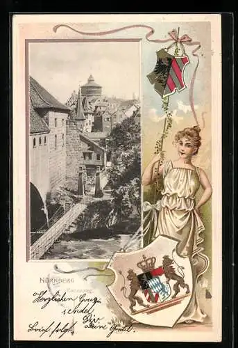 Passepartout-Lithographie Nürnberg, Flusspartie mit Strasse Kettenweg, Wappen