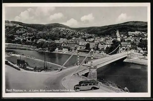 AK Bad Nassau / Lahn, Blick vom Hotel Schöne Aussicht auf Flussbrücke und Ort