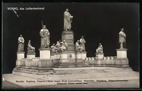 AK Worms, Das Lutherdenkmal, mit Reuchlin, Friedrich d. Weisen, Melanchton, Philipp d. Grossmütigen, Savonarola