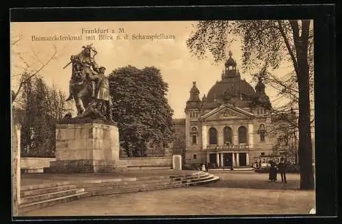 AK Frankfurt a. M., Bismarckdenkmal mit Blick n. d. Schauspielhaus
