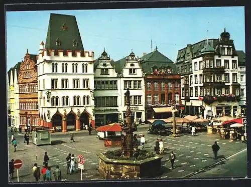 AK Trier, Hauptmarkt mit Geschäften, Petrusbrunnen und Steipe