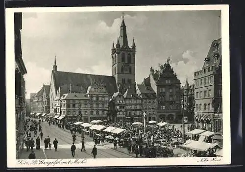 AK Trier, Kirche St. Gangolph und Markt mit Geschäften