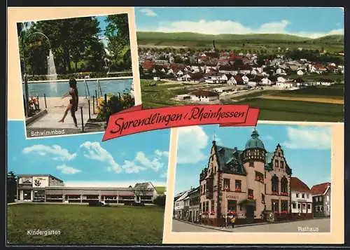 AK Sprendlingen /Rheinhessen, Rathaus, Schwimmbad, Kindergarten