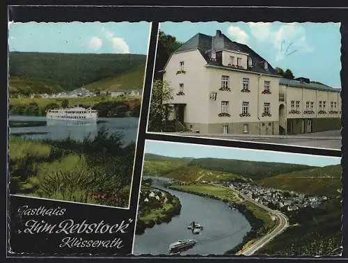 AK Klüsserath /Mosel, Gasthaus Zum Rebstock, Uferpartie mit Dampfer, Panorama