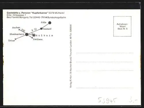 AK Mülheim /Eifel, Gasthaus und Pension Kupferkanne, Ortsgasse 7, Innenansicht, Kirche