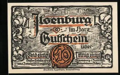 Notgeld Ilsenburg 1921, 10 Pfennig, Zwerg, Blick zur Burg