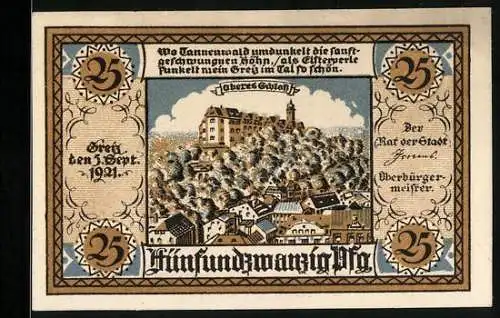 Notgeld Greiz, 25 Pfennig, Oberes Schloss, Stadtwappen