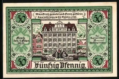 Notgeld Greiz 1921, 50 Pfennig, Höhere Webschule, Stadtwappen