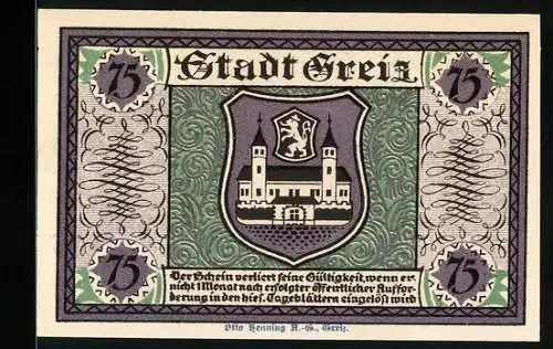 Notgeld Greiz 1921, 75 Pfennig, Wappen, Sommer-Palais