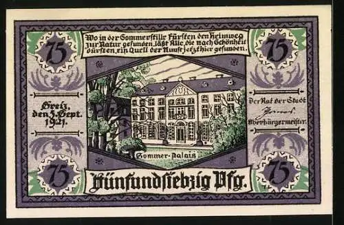 Notgeld Greiz 1921, 75 Pfennig, Wappen, Sommer-Palais