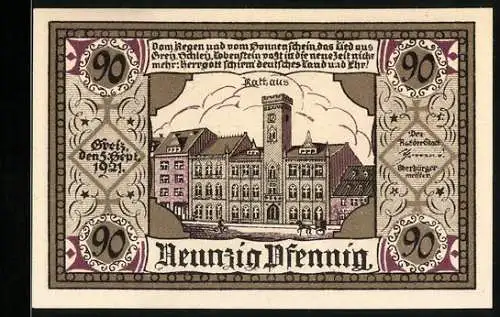 Notgeld Greiz 1921, 90 Pfennig, Rathaus, Stadtwappen