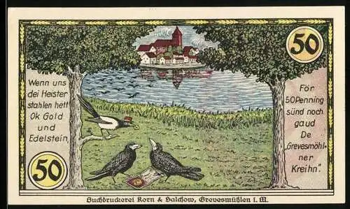 Notgeld Grevesmühlen i. M. 1921, 50 Pfennig, Vögel stehlen Geld, Wappen