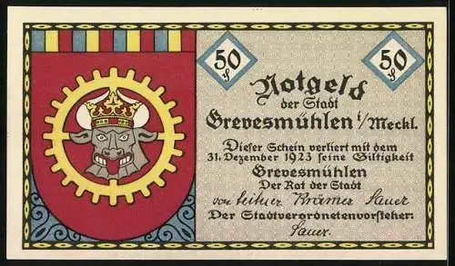 Notgeld Grevesmühlen i. M. 1921, 50 Pfennig, Vögel stehlen Geld, Wappen