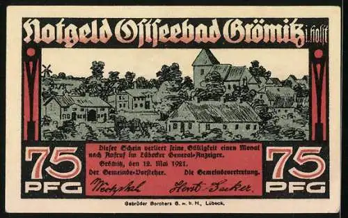 Notgeld Grömitz 1921, 75 Pfennig, Strandpartie mit Dampfer
