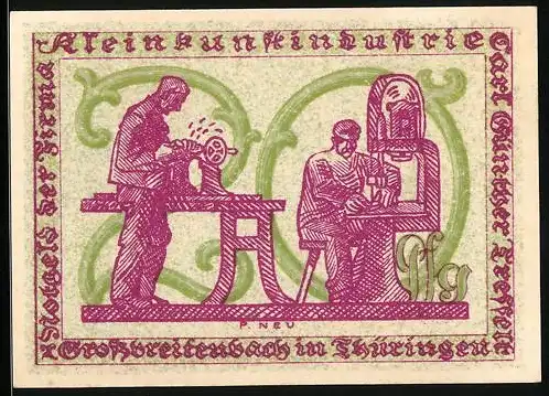 Notgeld Grossbreitenbach 1922, 20 Pfennig, Männer an den Nähmaschinen