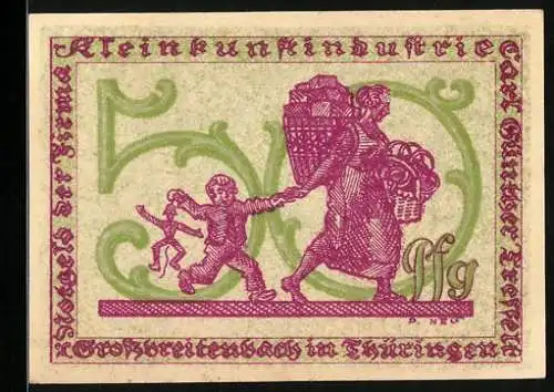 Notgeld Grossbreitenbach 1922, 50 Pfennig, Mutter und Kind mit Puppe