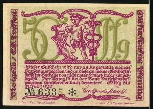 Notgeld Grossbreitenbach 1922, 50 Pfennig, Mutter und Kind mit Puppe