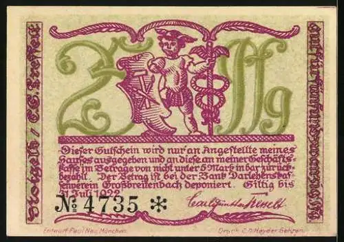 Notgeld Grossbreitenbach 1922, 25 Pfennig, Paar bemalt Herzen