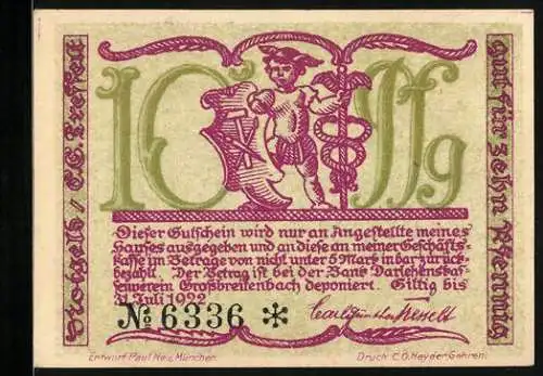 Notgeld Grossbreitenbach 1922, 10 Pfennig, Jüngling mit Schild und geflügeter Mütze, Bergarbeiter