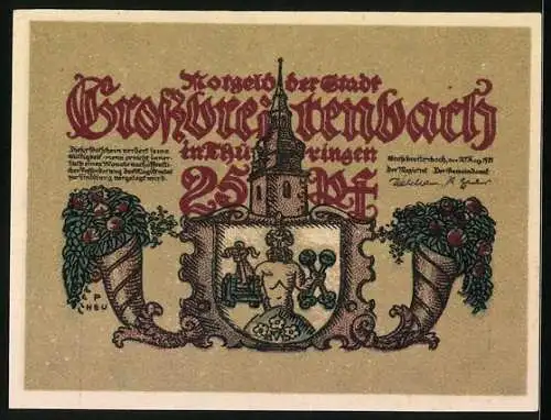 Notgeld Grossbreitenbach 1921, 25 Pfennig, Schmied, Bauer, Wappen