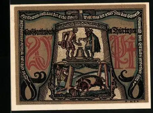 Notgeld Grossbreitenbach 1921, 20 Pfennig, Glocke mit Jäger und Handelsleuten