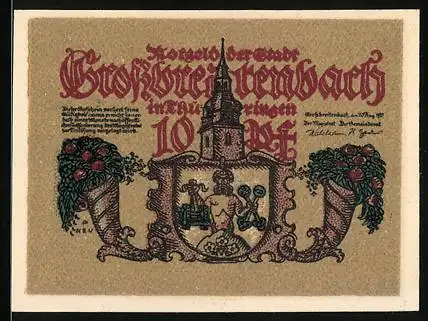 Notgeld Grossbreitenbach 1921, 10 Pfennig, Stadtwappen, Bürgerschule