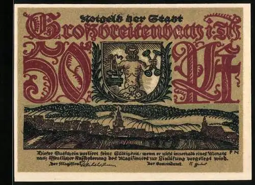 Notgeld Grossbreitenbach, 50 Pfennig, Stadtwappen, Glasindustrie